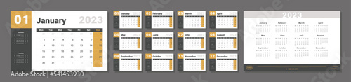 Set of 2023 Calendar Planner Template. Vector layout of a wall or desk simple calendar with week start monday in yellow and grey color for print