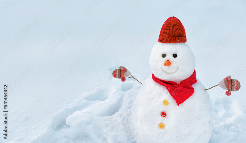 Cute cheerful snowman who smiles broadly, decorated in a warm knitted hat and scarf with mittens