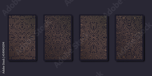 Set of vector decorative tarot cards design templates. Art deco line golden style. Astrology or sacred geometry poster. Magic occult, esoteric boho aesthetic