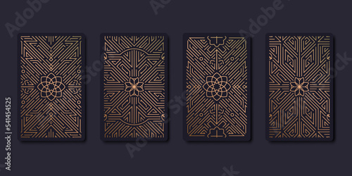 Set of vector decorative tarot cards design templates. Art deco line golden style. Astrology or sacred geometry poster. Magic occult, esoteric boho aesthetic