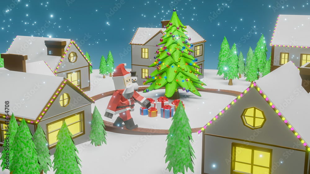 New Year's three-dimensional composition. New Year's village with a Christmas tree in the center. 3d render illustration