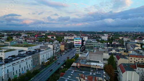 Beer brush (Bierpinsel) tower is landmark of the district. Tranquil aerial view flight panorama orbit drone of berlin steglitz at rainy summer day 2022. 4k Cinematic photo