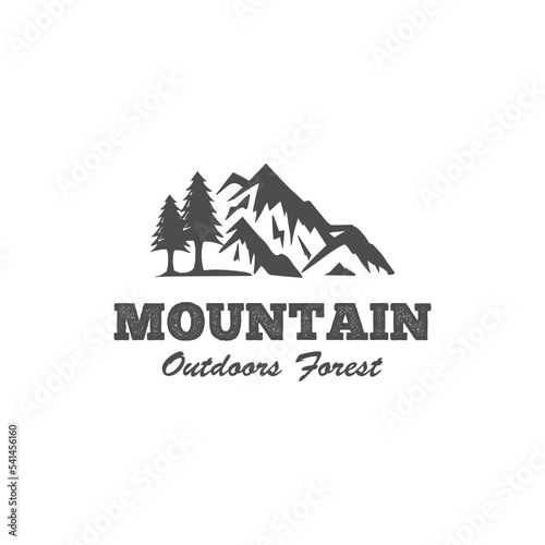 vintage mountain outdoors logo with forest tree design concept. silhouette of trekking hand drawn mountain adventure logos