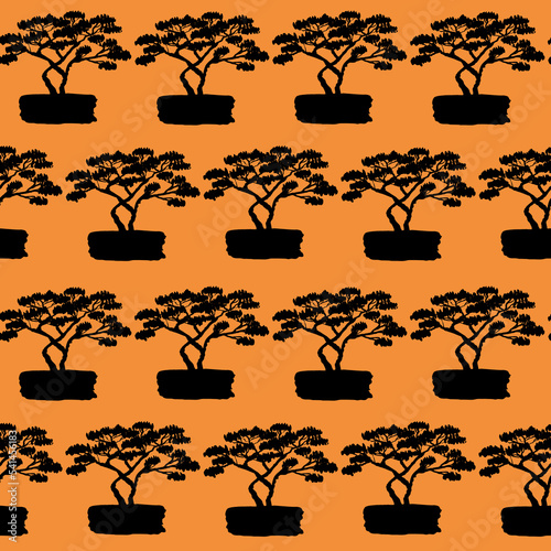 Black orange desert seamless pattern for textile and design, vector illustration with a tree