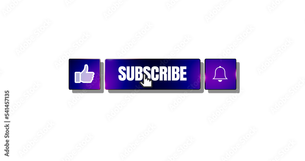 Mouse clicking like button, subscribe button and bell notification in blue and purple colors. Social media interface. Illustration isolated on white background Mouse clicking like button, subscribe button and bell notification in blue and purple colors. Social media interface. Illustration isolated on white background