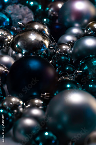 Many blue and silver christmas balls. Close up. Selective focus. Christmas decoration concept