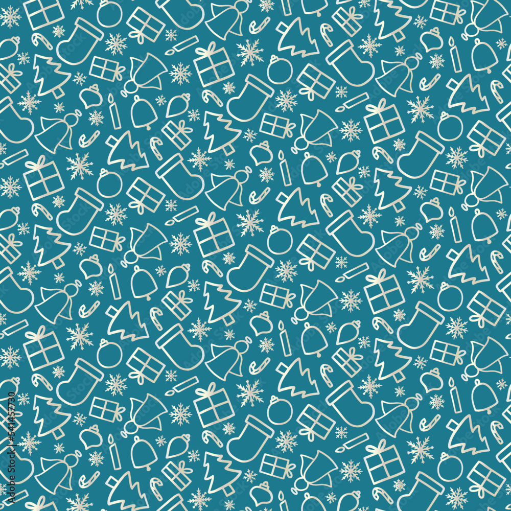 Seamless pattern of christmas doodles in a white gold gradient colour on a blue background.
