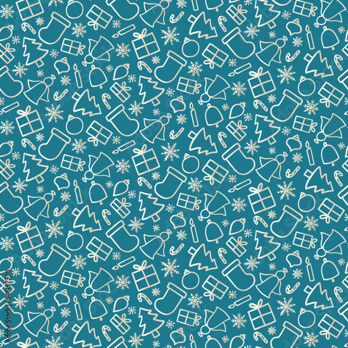 Seamless pattern of christmas doodles in a white gold gradient colour on a blue background. 