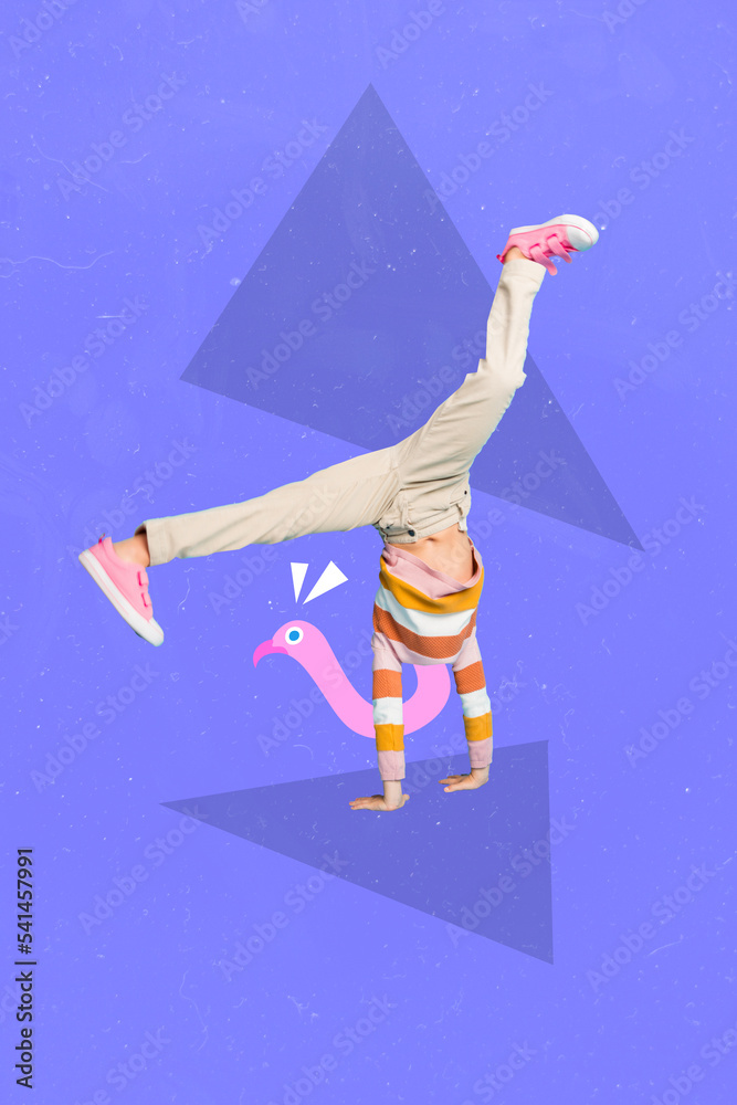 Fototapeta premium Vertical creative collage photo illustration of headless funny guy pink flamingo head stand on hands isolated on blue color background