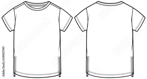 boys short sleeve crew neck t shirt with side zips fashion flat sketch vector illustration technical cad drawing template