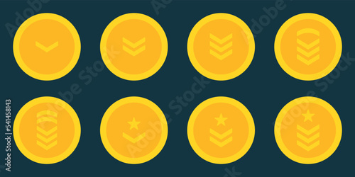 Army Rank Gold Icon. Military Badge Insignia Symbol. Chevron Star and Stripes Logo. Soldier Sergeant, Major, Officer, General, Lieutenant, Colonel Emblem. Isolated Vector Illustration
