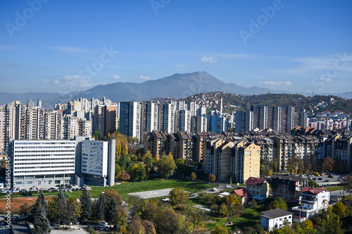 Sarajevo  Bosnia and Herzegovina  panorama. Tall buildings in city.