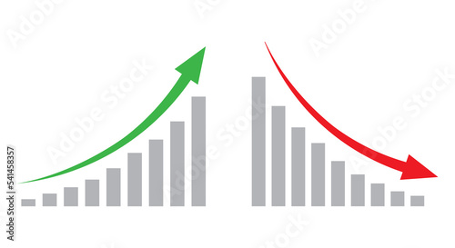Graph going Up and Down sign with green and red arrows vector. Flat design vector illustration concept of sales bar chart symbol icon with arrow moving down and sales bar chart with arrow moving up.	