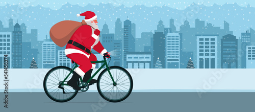 Santa Claus riding a bicycle and carrying a sack