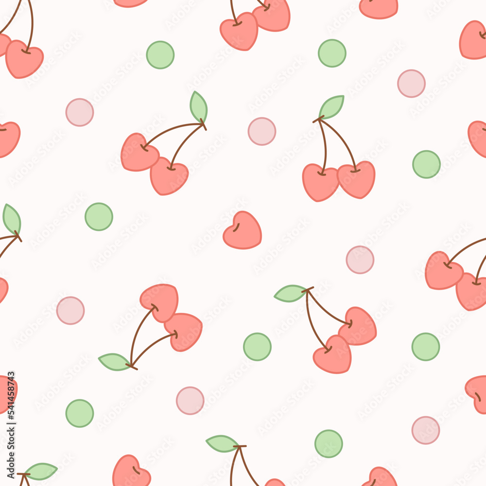 Seamless pattern of cherries in the form of hearts with pink and green dots on a pink background. Seamless pattern of cherries in the form of hearts with pink and green dots on a pink background.