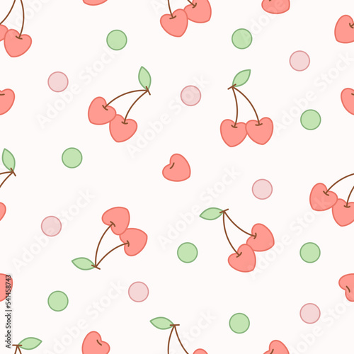 Seamless pattern of cherries in the form of hearts with pink and green dots on a pink background.