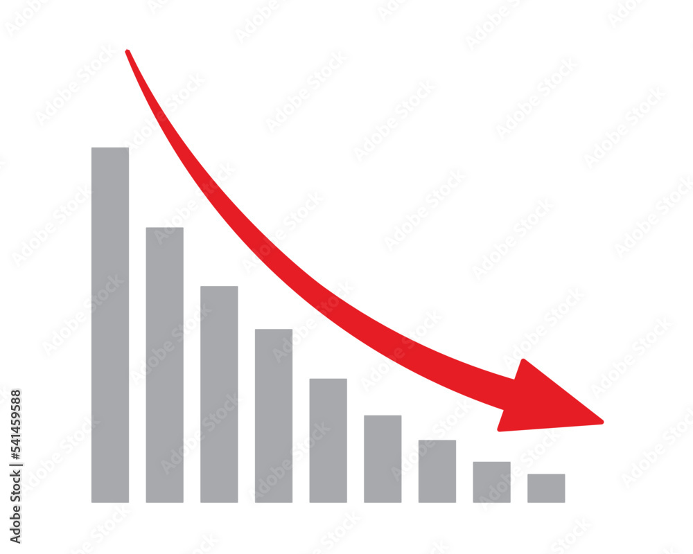 Red arrow going down stock icon on white background. Decrease, Bankruptcy, financial market crash icon for your web site design, logo, app, UI. graph chart downtrend symbol.chart going down sign. Red arrow going down stock icon on white background. Decrease, Bankruptcy, financial market crash icon for your web site design, logo, app, UI. graph chart downtrend symbol.chart going down sign.