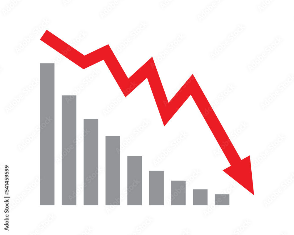 Red arrow going down stock icon on white background. Decrease, Bankruptcy, financial market crash icon for your web site design, logo, app, UI. graph chart downtrend symbol.chart going down sign. Red arrow going down stock icon on white background. Decrease, Bankruptcy, financial market crash icon for your web site design, logo, app, UI. graph chart downtrend symbol.chart going down sign.