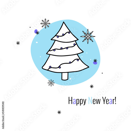 Festive tree in forest, falling snowflakes are hand drawn  in black outline on white and blue background. Text Happy New Year! Vector illustration for decor of postcards, banners, flyers.