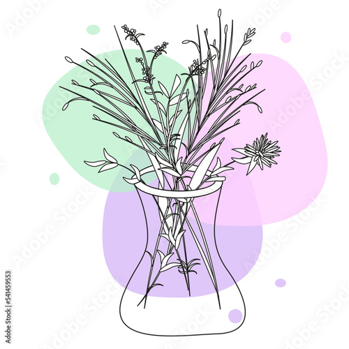 Bouquet of wild flowers in vase. Sketch in retro black outline style on white background with colored blobs. Outline style vector illustration.