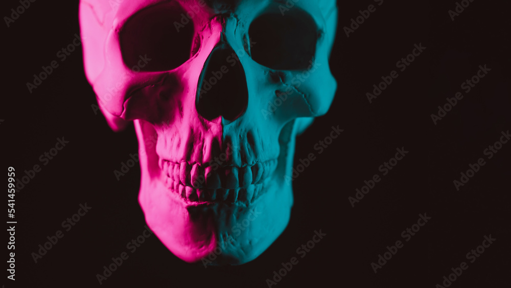 Obraz premium human skull with pink green neon light on dark background