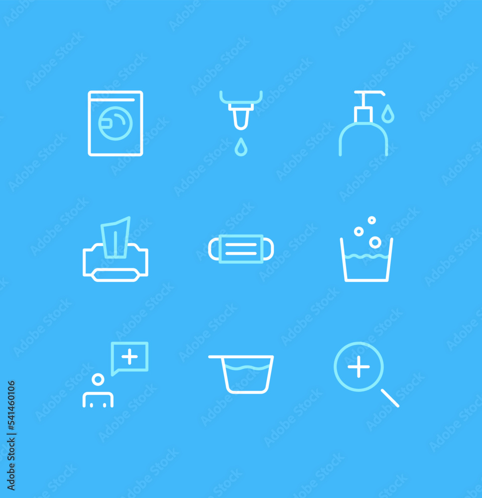 Set of health and hygiene icons, liquid soap, wet wipes, detergent, eye drops, hand cream, mask, heart and linear variety vectors.
Set of health and hygiene icons, liquid soap, wet wipes, detergent, eye drops, hand cream, mask, heart and linear variety vectors.