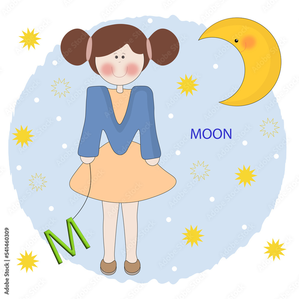 letter m with the moon, drawn in a cartoon style on a white background