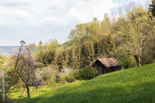 Old wooden barn on the hillside in the German countryside