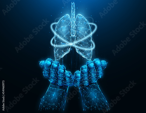 Polygonal vector illustration of a hand with human lungs. Lung recovery. Organ donation concept. Medical banner, template or background.