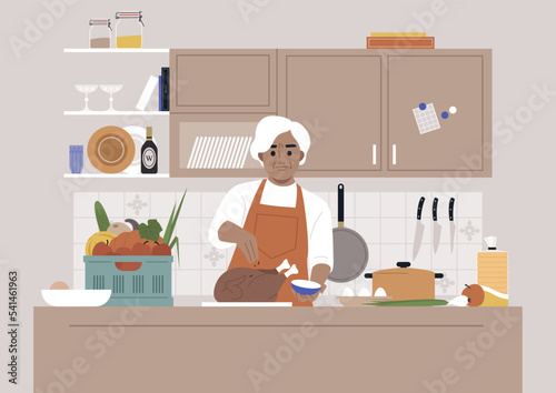 Thanksgiving day, A senior female Caucasian character cooking a roasted turkey in a kitchen