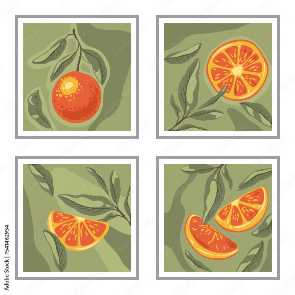 Set of modern posters with oranges fruits