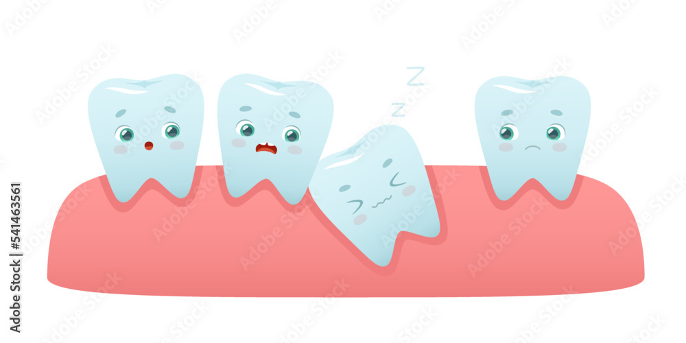 Cartoon impacted tooth in the gum. Teeth impaction cute illustration for kids dental clinic. Sleeping wisdom tooth.