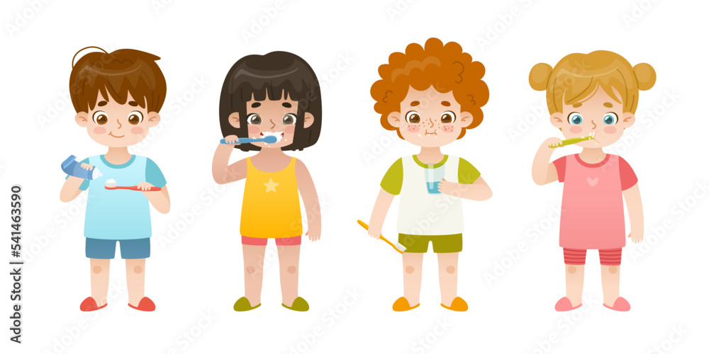 Set of cartoon children brush their teeth. Dental hygiene collection for children. Cute kids take care of their teeth. Set of cartoon children brush their teeth. Dental hygiene collection for children. Cute kids take care of their teeth.