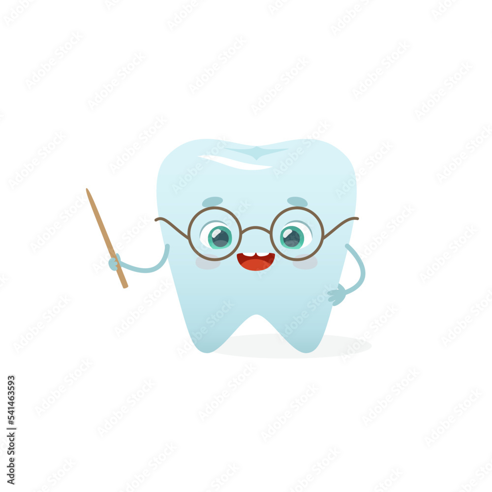 Cartoon tooth teacher mascot with glasses and pointer. Cute tooth vector character for kids dental clinic.