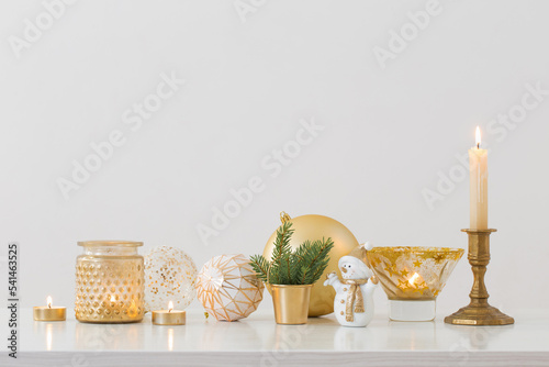 Fotografering Christmas decorations with little ceramic snowman