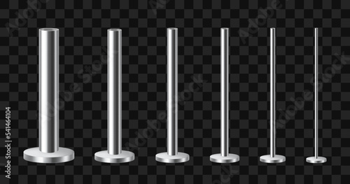 Set of metal columns. Steel, aluminum or stainless steel poles on a round base. Realistic vector illustration isolated on transparent background.