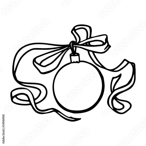 hand drawn christmas ball with long ribbon and bow on the white background