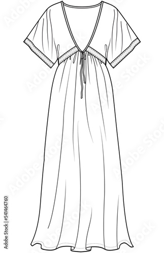 womens drawstring v neck maxi dress flat sketch vector illustration technical cad drawing template