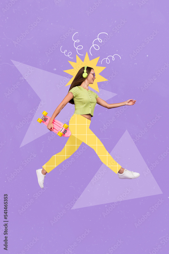 Collage side profile photo of young positive sporty woman idea how spend her summer hold skateboard listen headphones isolated on purple background