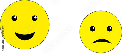 Two yellow emoticons - cheerful and sad  on a white background