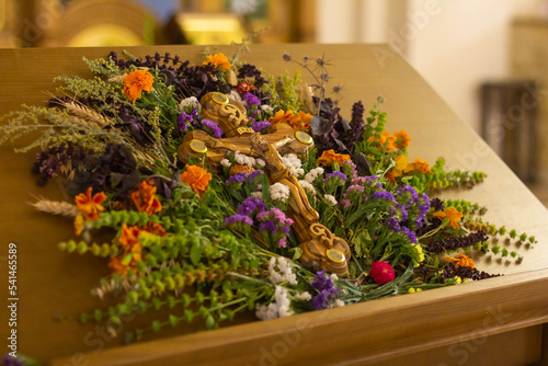 The crucifixion of Jesus the Cross in a ceremonial bouquet of flowers