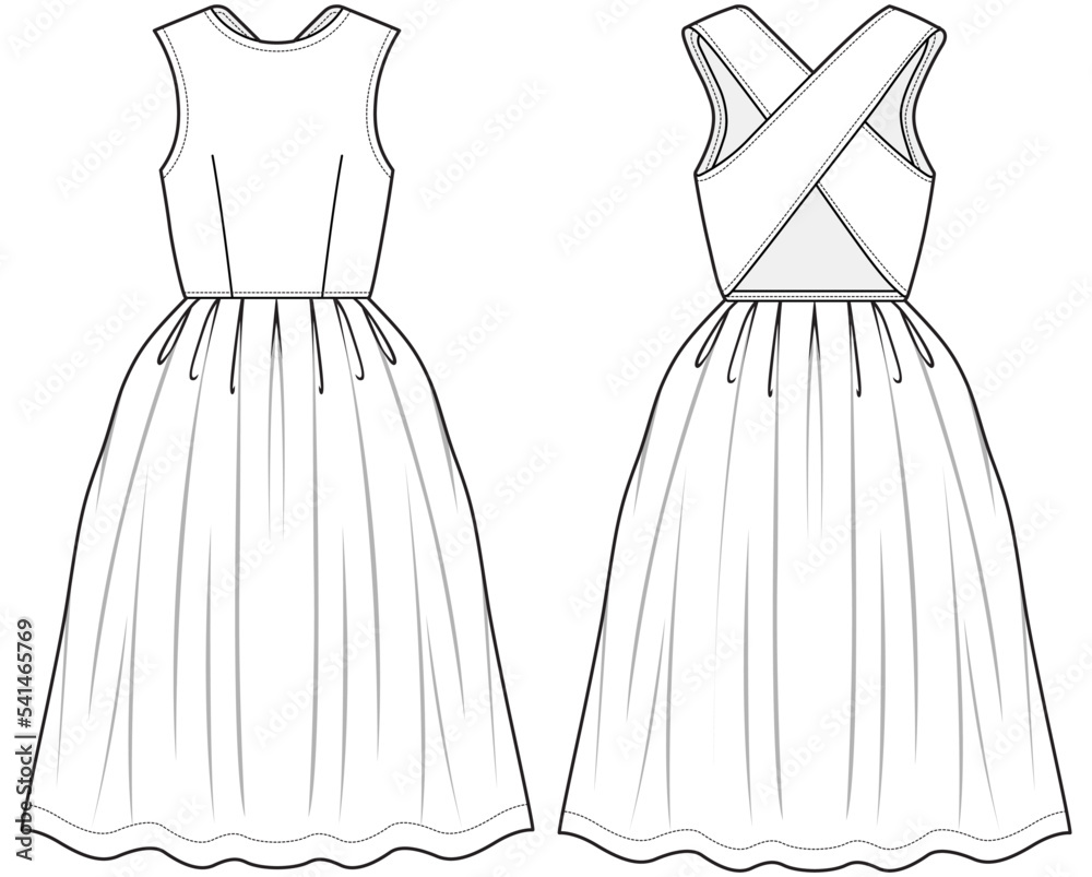 skater dress with cross back front and back view fashion flat sketch vector illustration ...