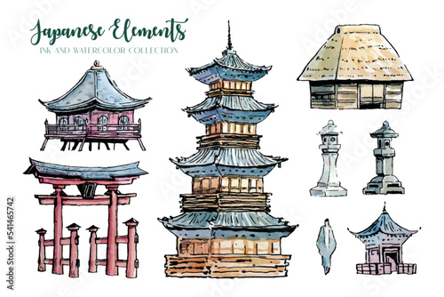 Japanese Elements Ink And Watercolor Collection 2. 