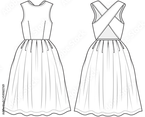skater dress with cross back front and back view fashion flat sketch vector illustration technical cad drawing template.