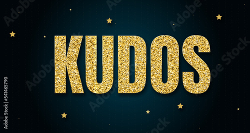 Kudos in shiny golden color, stars design element and on dark background.