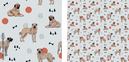 Seamless Kangal dog pattern, holiday texture. Square format, t-shirt, poster, packaging, textile, socks, textile, fabric, decoration, wrapping paper. Trendy hand-drawn big shepherd dog wallpaper.
