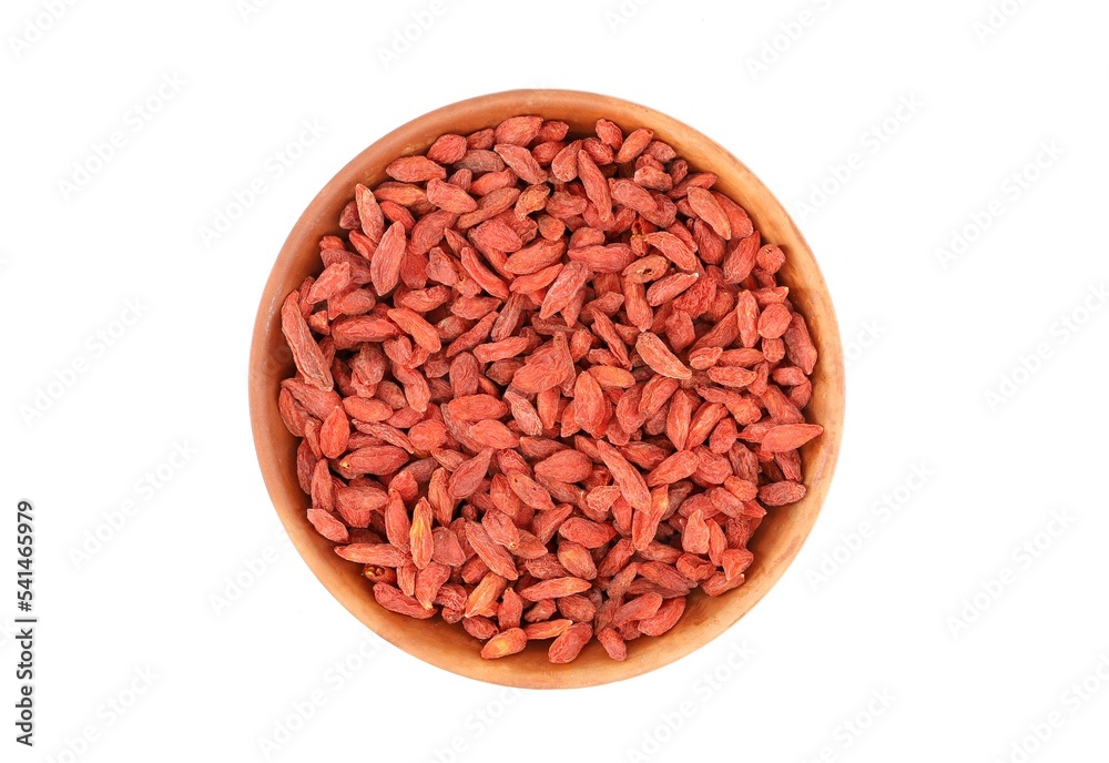 Dried goji berries, or wolfberry, in a terracotta bowl on white background Dried goji berries, or wolfberry, in a terracotta bowl on white background