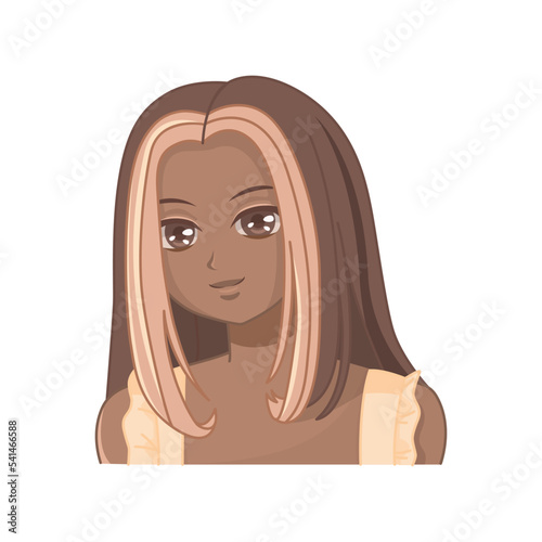 Portrait of a dark-skinned anime girl with long hair