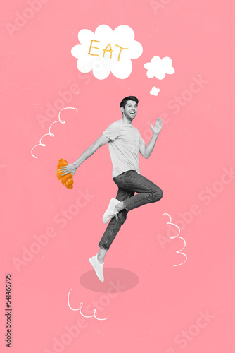 Creative 3d photo artwork graphics painting of funny funky guy dreaming about food isolated drawing background