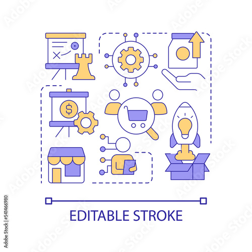 Build business strategy concept icon. Find insights. Marketing analytic. Consumers research abstract idea thin line illustration. Isolated outline drawing. Editable stroke. Arial font used